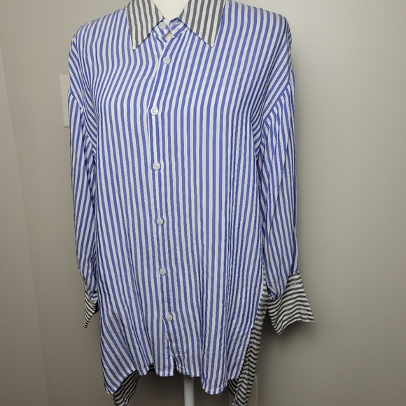 Sen Striped Button Up Oversized Hi-Lo Small - Picture 3 of 11